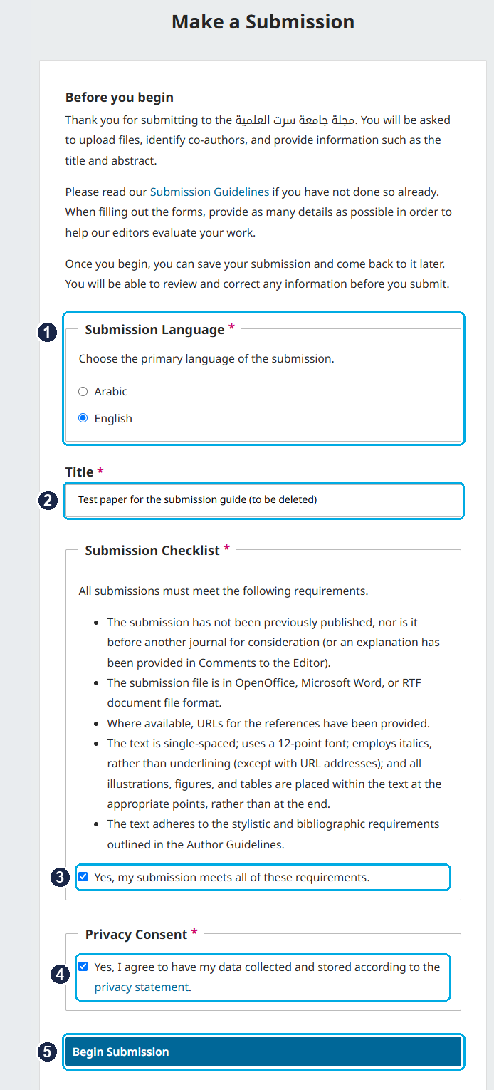 Screenshot: Starting a submission